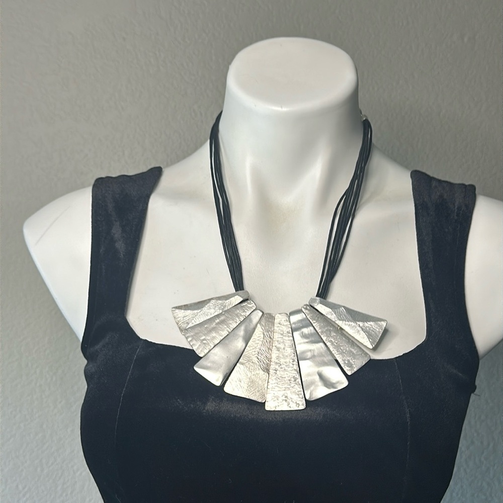 Karma Bella Silver Tone Textured Fringe and 6 Strand Black Braided Necklace